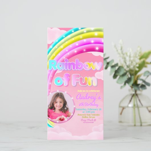 レインボーのおもしろいと写真の携帯電話招待状 案内状 (スタンド正面)