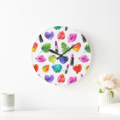 レインボーの水色のパーム葉のピンキス口紅 ラージ壁時計 (ホーム)