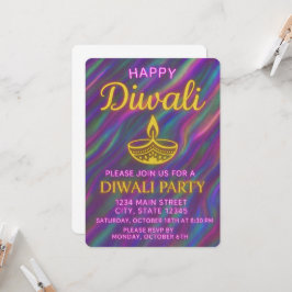 レインボーの輝きに優雅なゴールドのディヤ Happy Diwali 招待状
