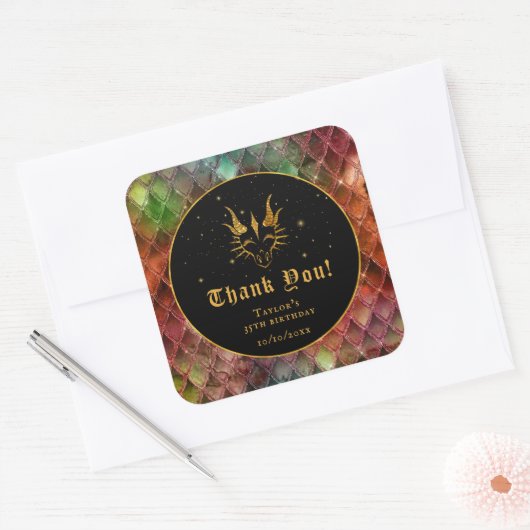 レインボーはかりで測ドラゴン金ゴールド誕生日ありがとう スクエアシール (封筒)