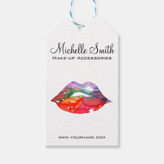 レインボーはっきりしたリップ水彩スケッチ美しいメイクアップ ギフトタグ (正面)