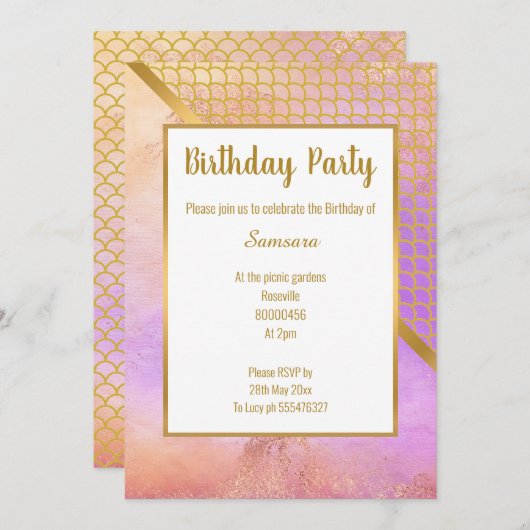 レインボーぼやけ金ゴールドマーメイドスケール誕生日 招待状 (正面/裏面)