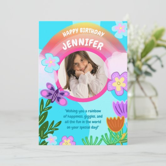 レインボーよくはしゃぐカラフルガーデン誕生日 カード (スタンド正面)