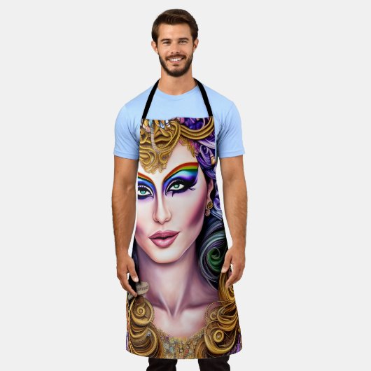 レインボーよくはしゃぐドラッグクカラフルイーンのアートワーク エプロン (着用した状態)