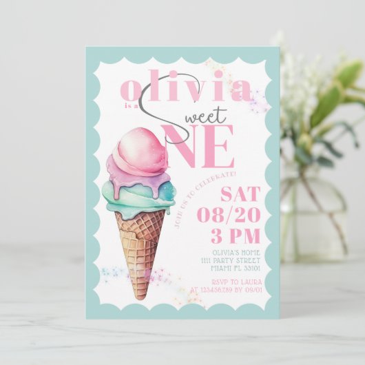 レインボーアイスクリームスウィートワン最初の1歳の誕生日 招待状 (スタンド正面)