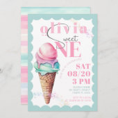レインボーアイスクリームスウィートワン最初の1歳の誕生日 招待状 (正面/裏面)