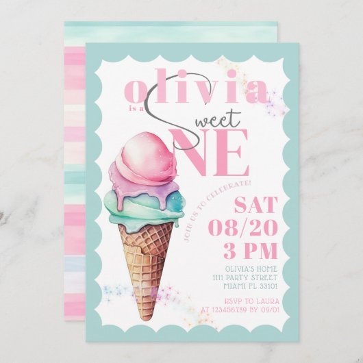 レインボーアイスクリームスウィートワン最初の1歳の誕生日 招待状 (正面/裏面)
