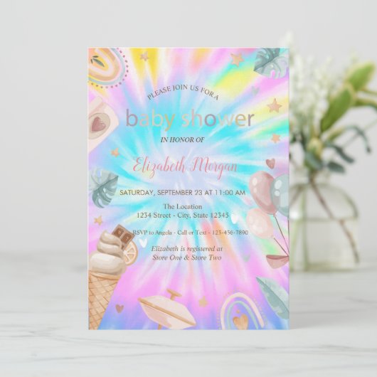 レインボーアイスクリームバルーン絞り染めベビーシャワー 招待状 (スタンド正面)