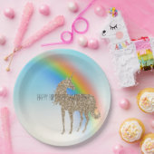 レインボーアクアグラデーション金ゴールドグリッターユニコーン ペーパープレート (パーティー)