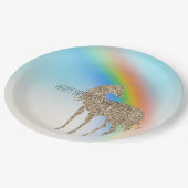 レインボーアクアグラデーション金ゴールドグリッターユニコーン ペーパープレート (アングル)