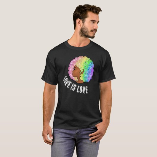 レインボーアフロLGBTQ愛は愛プライド黒人女性 Tシャツ (正面フル)