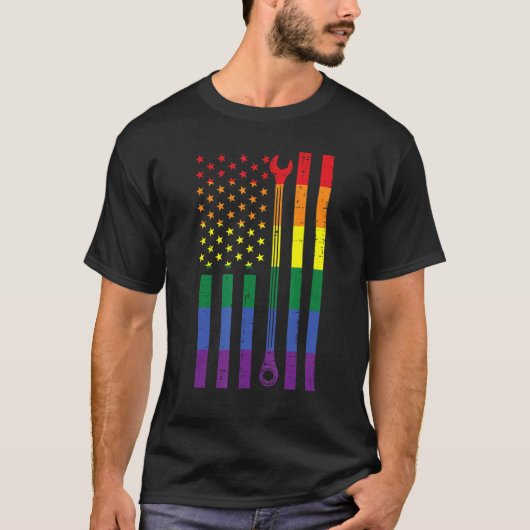 レインボーアメリカンフラッグレンチゲイLgbtqプライドミー Tシャツ (正面)