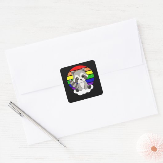 レインボーアライグマかわいい子供へアライグマ スクエアシール (封筒)