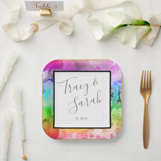 レインボーアルコールインクウォーターカラー ペーパープレート (ウェディング)
