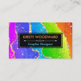 レインボーアルコールインク&金ゴールドフェイクグリッターアゲート 名刺