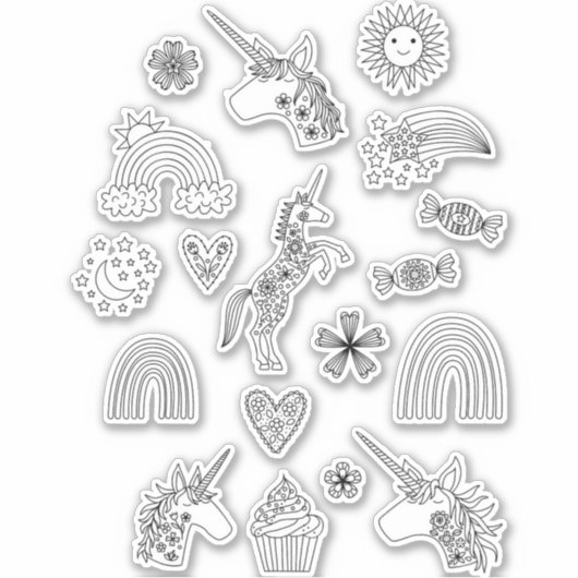 レインボーアンドユニコーンラインアートスケッチ シール (正面)