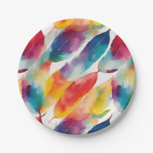 レインボーアートカラフルインディアン羽毛ウォーターの色 ペーパープレート (正面)