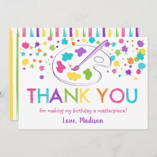 レインボーアートパーティー誕生日サンキューカード 招待状 (正面/裏面)