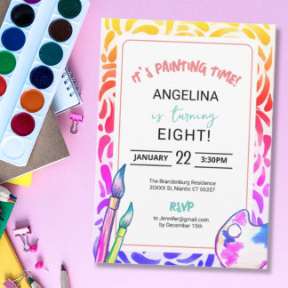 レインボーアートペイントバースデーパーティーガール 招待状