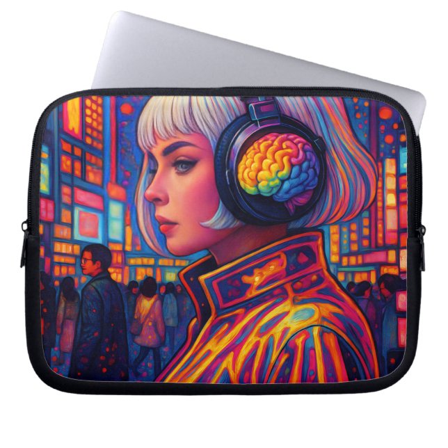 レインボーイの頭脳を持つヘッドホンを着ている女の子 ラップトップスリーブ (正面)