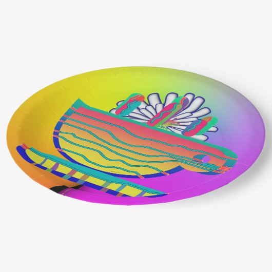 レインボーイエローカップソーサーパーティー ペーパープレート (アングル)