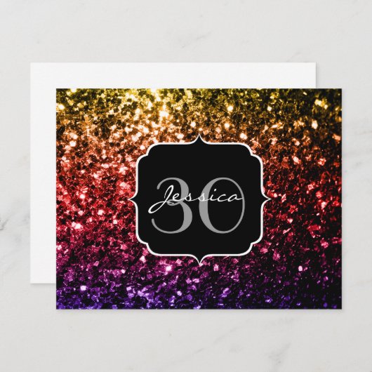 レインボーイエローレッドパープルフェイクスパークルズモノグラム 招待状 (正面/裏面)