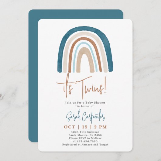 レインボーイツツインズベビーシャワーボーイ招待状 招待状 (正面/裏面)
