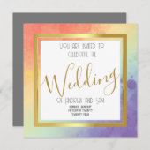 レインボーウォーターのカラーと金ゴールド 招待状 (正面/裏面)