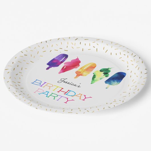 レインボーウォーターカラーアイスクリームアイスポップスタイリッシュ金ゴールド ペーパープレート (アングル)