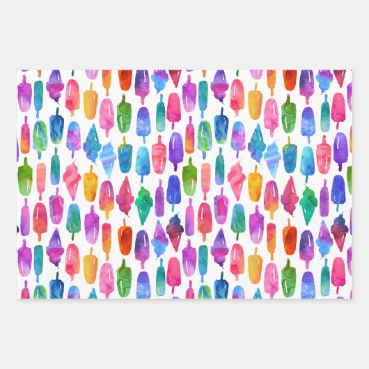 レインボーウォーターカラーアイスクリームアイスポップパターン ラッピングペーパーシート (正面2)