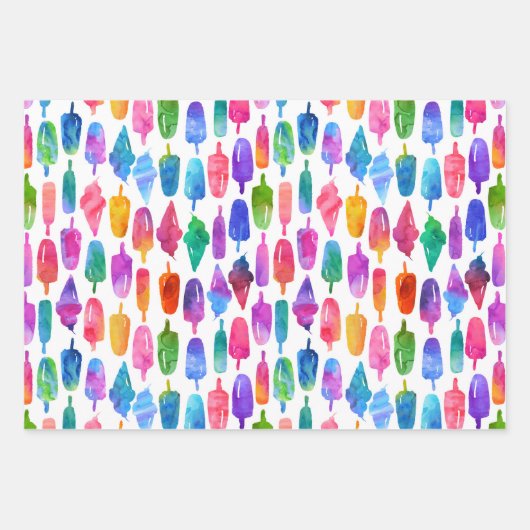 レインボーウォーターカラーアイスクリームアイスポップパターン ラッピングペーパーシート (正面)
