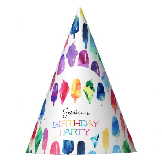 レインボーウォーターカラーアイスクリームアイスポップ誕生日 パーティーハット (正面)