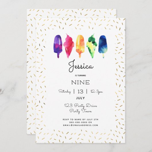 レインボーウォーターカラーアイスクリームアイスポップ・アートのスタイリッシュ金ゴールド 招待状 (正面/裏面)