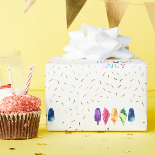 レインボーウォーターカラーアイスクリームコーンバースデーパーティー ラッピングペーパー (誕生日パーティー)