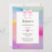 レインボーウォーターカラーピンクボウガール誕生日写真 招待状 (正面)