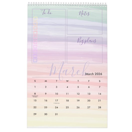 レインボーウォーターカラーブラシストローク月次プランナー カレンダー (3月 2026)