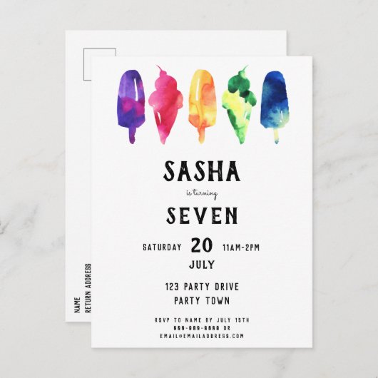 レインボーウォーターカラーポプシクルアイスクリーム誕生日 インビテーションポストカード (正面/裏面)