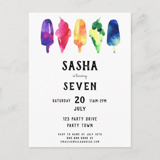 レインボーウォーターカラーポプシクルアイスクリーム誕生日 インビテーションポストカード (正面)