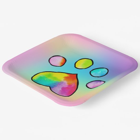 レインボーウォーターカラーポープリントバースデーパーティー ペーパープレート (傾斜あり)