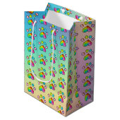 レインボーウォーターカラーポープリントバースデーパーティー ミディアムペーパーバッグ (正面アングル)