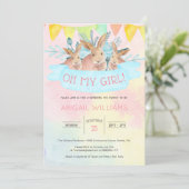 レインボーウォーターカラーラビットガールベビーシャワー 招待状 (スタンド正面)