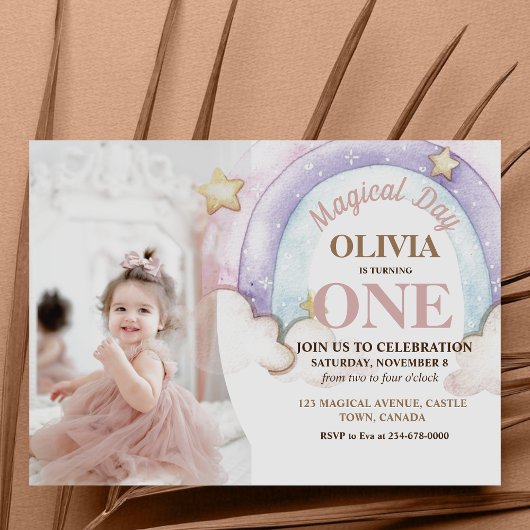 レインボーウォーターカラー写真第1誕生日 招待状