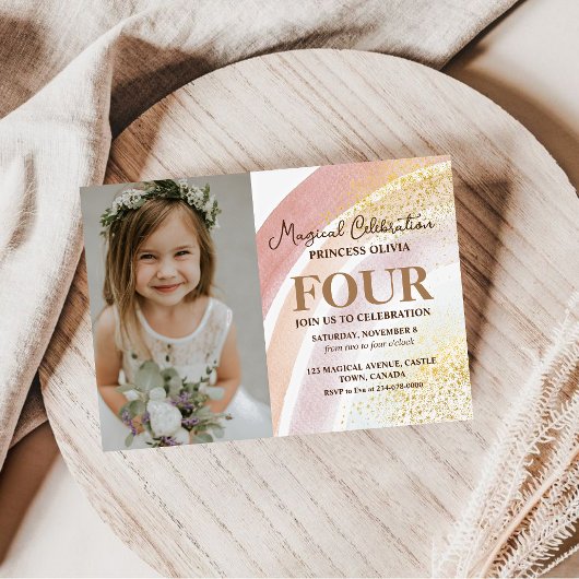 レインボーウォーターカラー写真第4誕生日 招待状