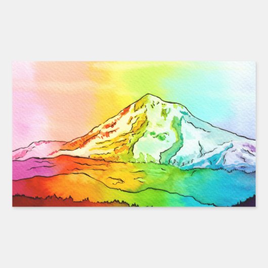レインボーウォーターカラー山フード 長方形シール (正面)