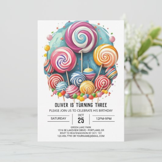 レインボーウォーターカラー棒つきキャンデー誕生日 招待状 (スタンド正面)
