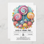 レインボーウォーターカラー棒つきキャンデー誕生日 招待状 (正面/裏面)