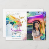レインボーウォーターカラー金ゴールドフォト誕生日招待状 招待状 (正面/裏面)