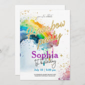 レインボーウォーターカラー金ゴールド誕生日招待状 招待状 (正面/裏面)