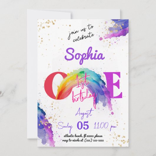 レインボーウォーターカラー金ゴールド誕生日招待状 招待状 (正面)