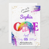 レインボーウォーターカラー金ゴールド誕生日招待状 招待状 (正面/裏面)